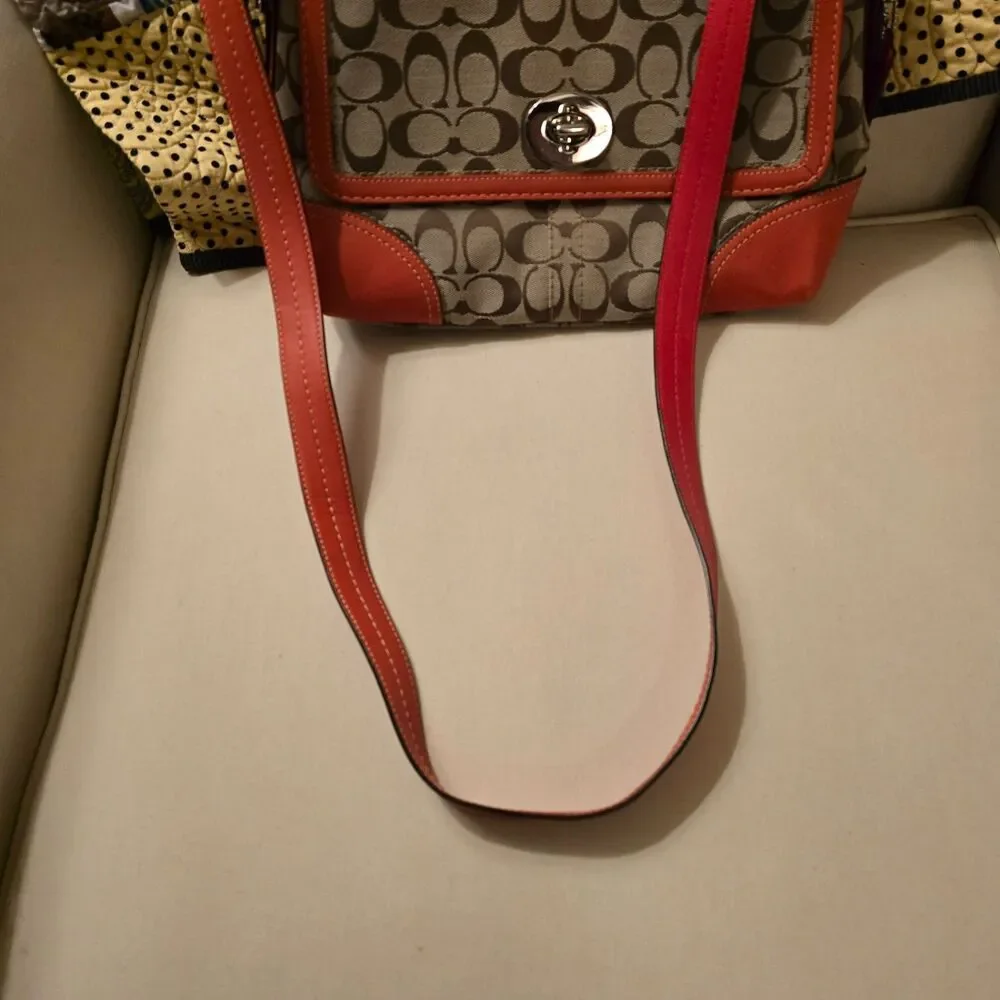 Coach Hampton Signature Flap Orange Leather Trim and Tan Crossbody Bag - Picture 9 of 9